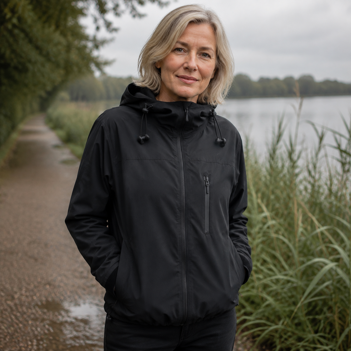 Zwarte korte damesjas met capuchon en borstzak, gedragen bij een meer.