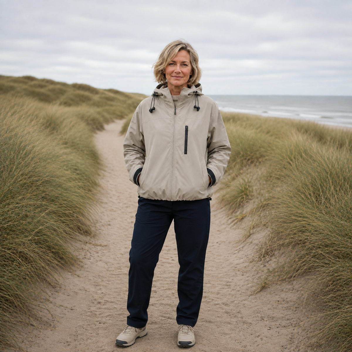 Beige korte damesjas met capuchon, volledige outfit op een duinpad.