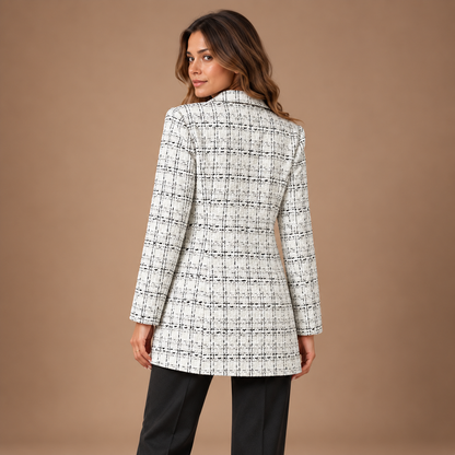 Lange geruite blazer dames in wit – achteraanzicht