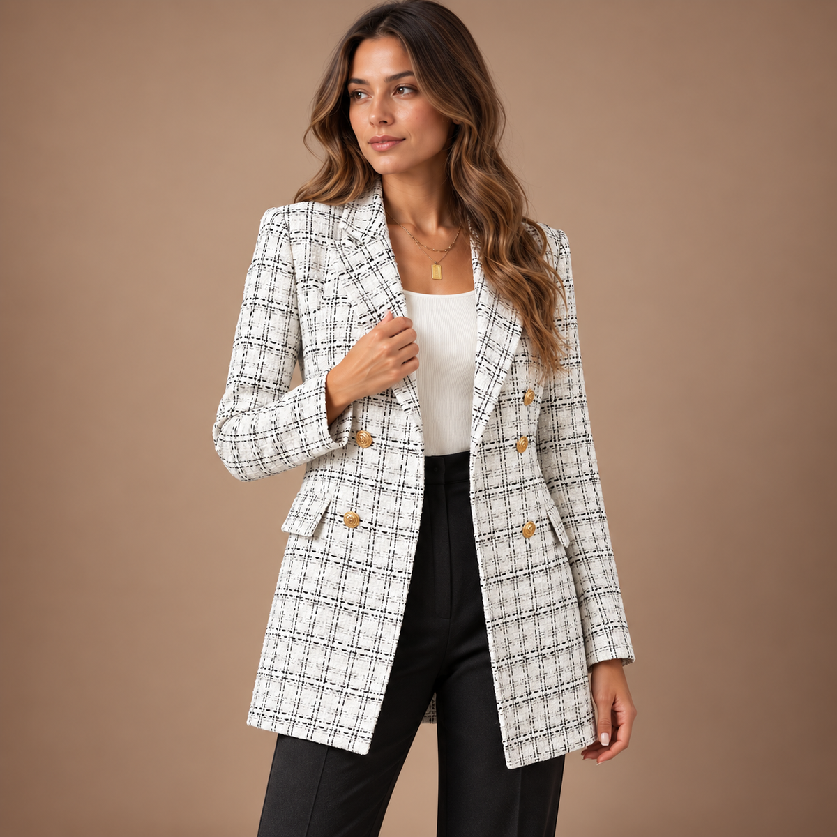 Lange geruite blazer dames in wit – vooraanzicht