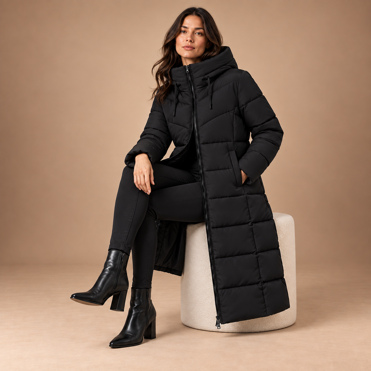 Lange zwarte dames winterjas met capuchon – zittende studiofoto