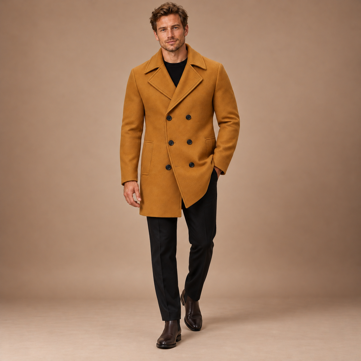 Camelbruine herenmantel – volledige outfit