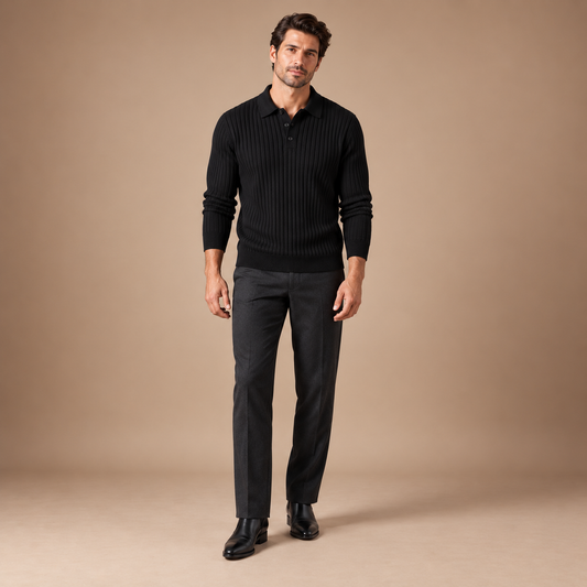 Ribgebreide Polotrui Heren – Kraag en Knopen – Zwart – volledige outfit