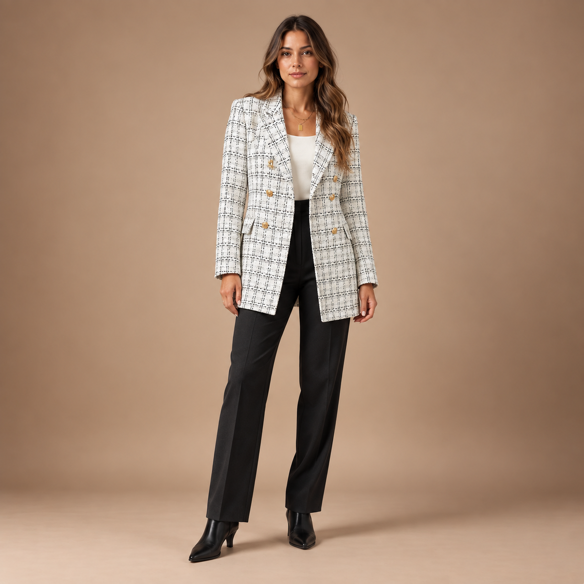 Lange Blazer Dames – Geruit met Gouden Knopen – wit met zwart ruitpatroon – volledige outfit