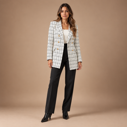 Lange Blazer Dames – Geruit met Gouden Knopen – wit met zwart ruitpatroon – volledige outfit