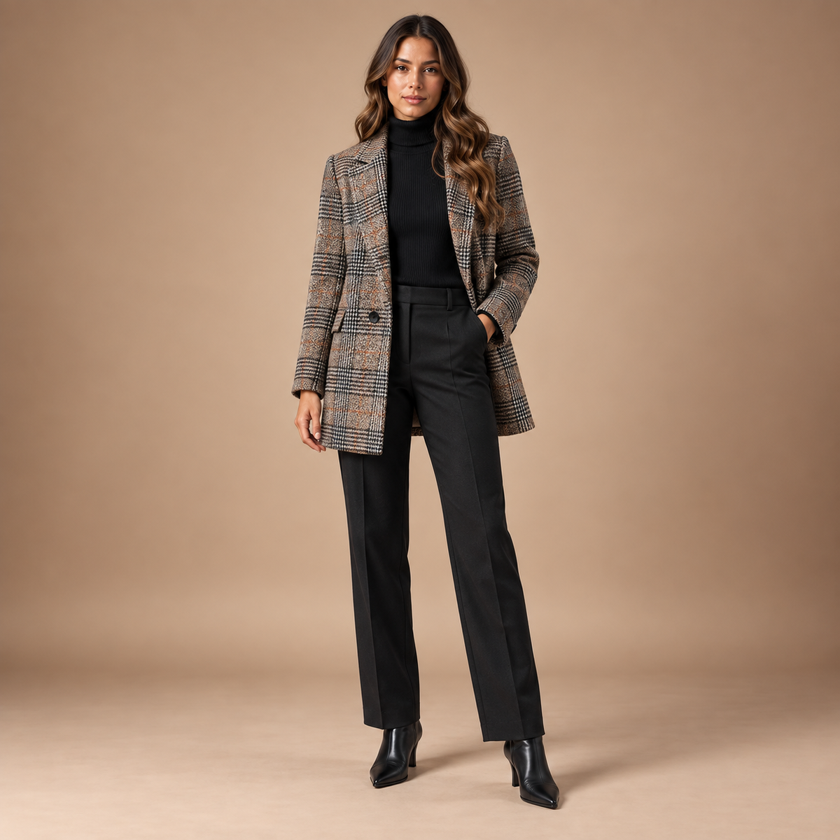 Geruite blazer dames in khaki – lang model met revers, volledige outfit