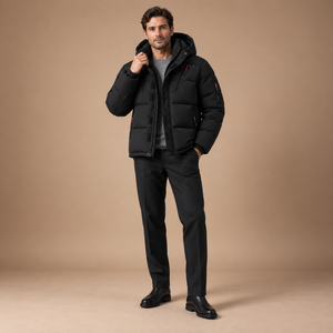 Gewatteerde winterjas heren met capuchon in zwart – volledig outfitbeeld