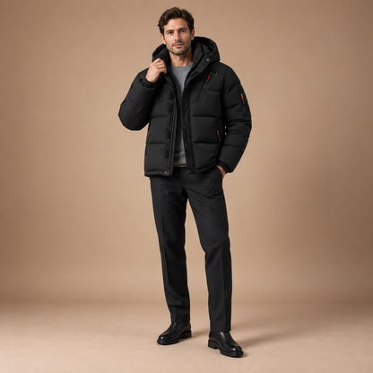Gewatteerde winterjas heren met capuchon in zwart – volledig outfitbeeld