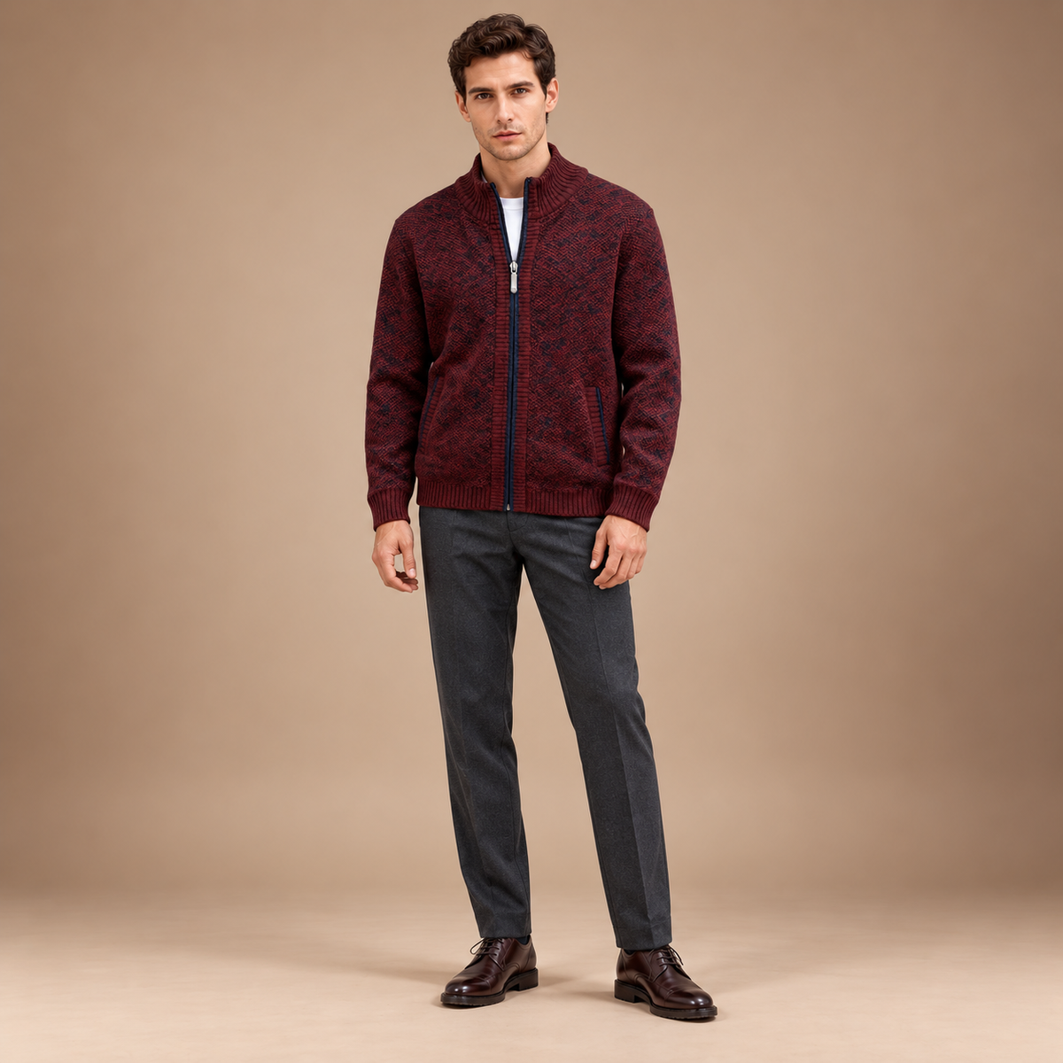 Gebreid vest heren met rits in rood – volledig outfitbeeld
