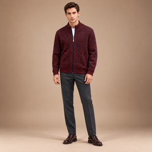Gebreid vest heren met rits in rood – volledig outfitbeeld