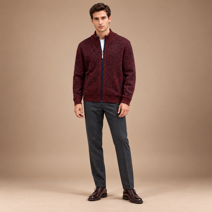 Gebreid vest heren met rits in rood – volledig outfitbeeld