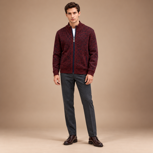 Gebreid vest heren met rits in rood – volledig outfitbeeld