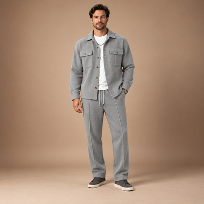 Tweedelig joggingpak heren met wafelstructuur in grijs – volledig outfitbeeld