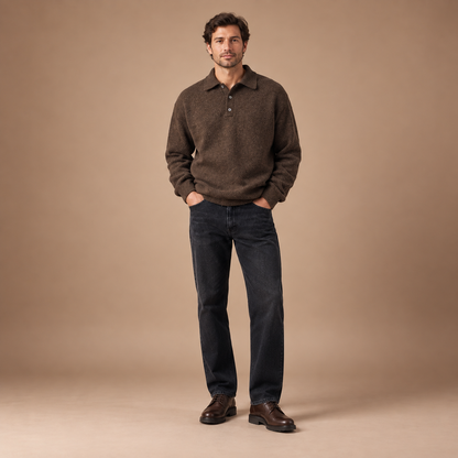 Polotrui Heren – Ruime Pasvorm en Knoopsluiting – Koffiebruin – volledige outfit