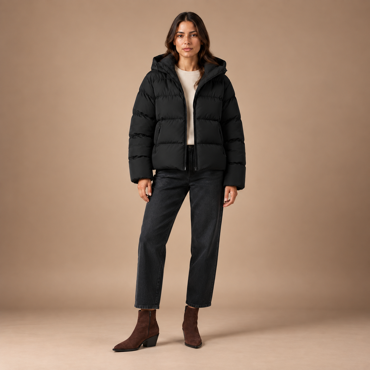 Enkellaarzen Dames – Blokhak en Suède Look – Roodbruin – volledige outfit