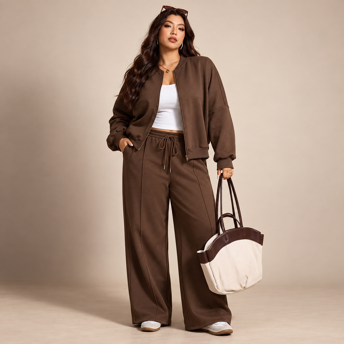 Trainingspak Dames Plus Size 2-Delig – Zip Jack & Wide Leg Joggingbroek