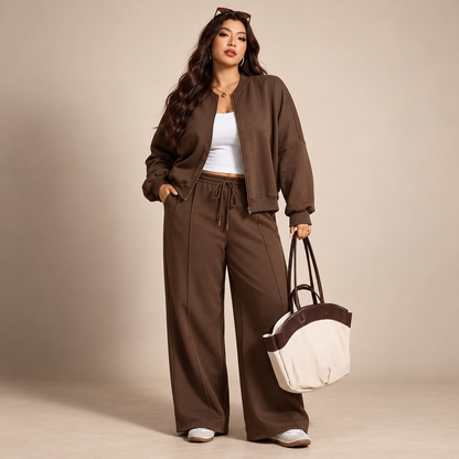 Plus size trainingspak dames bruin met zip-up jas en wide leg broek