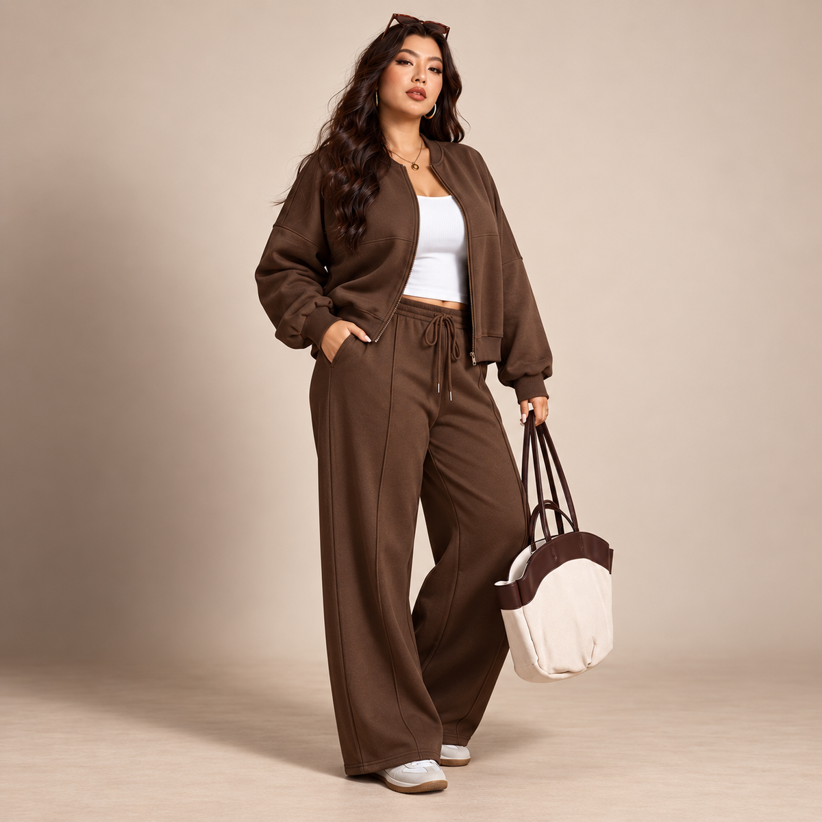 Trainingspak Dames Plus Size 2-Delig – Zip Jack & Wide Leg Joggingbroek