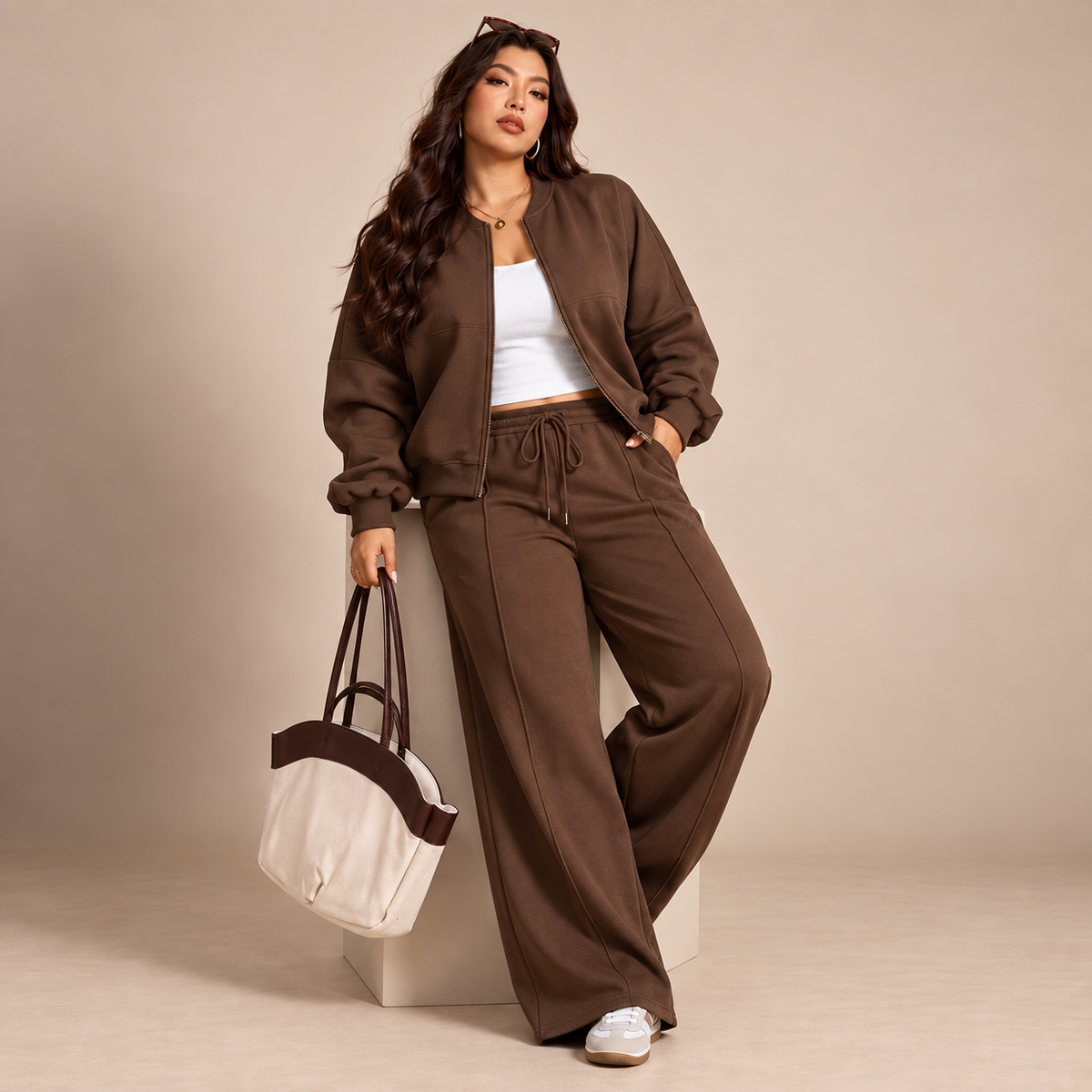 Bruin dames loungewear set met wide leg broek