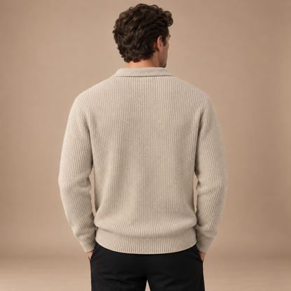 Achteraanzicht gebreide polo trui heren beige studio