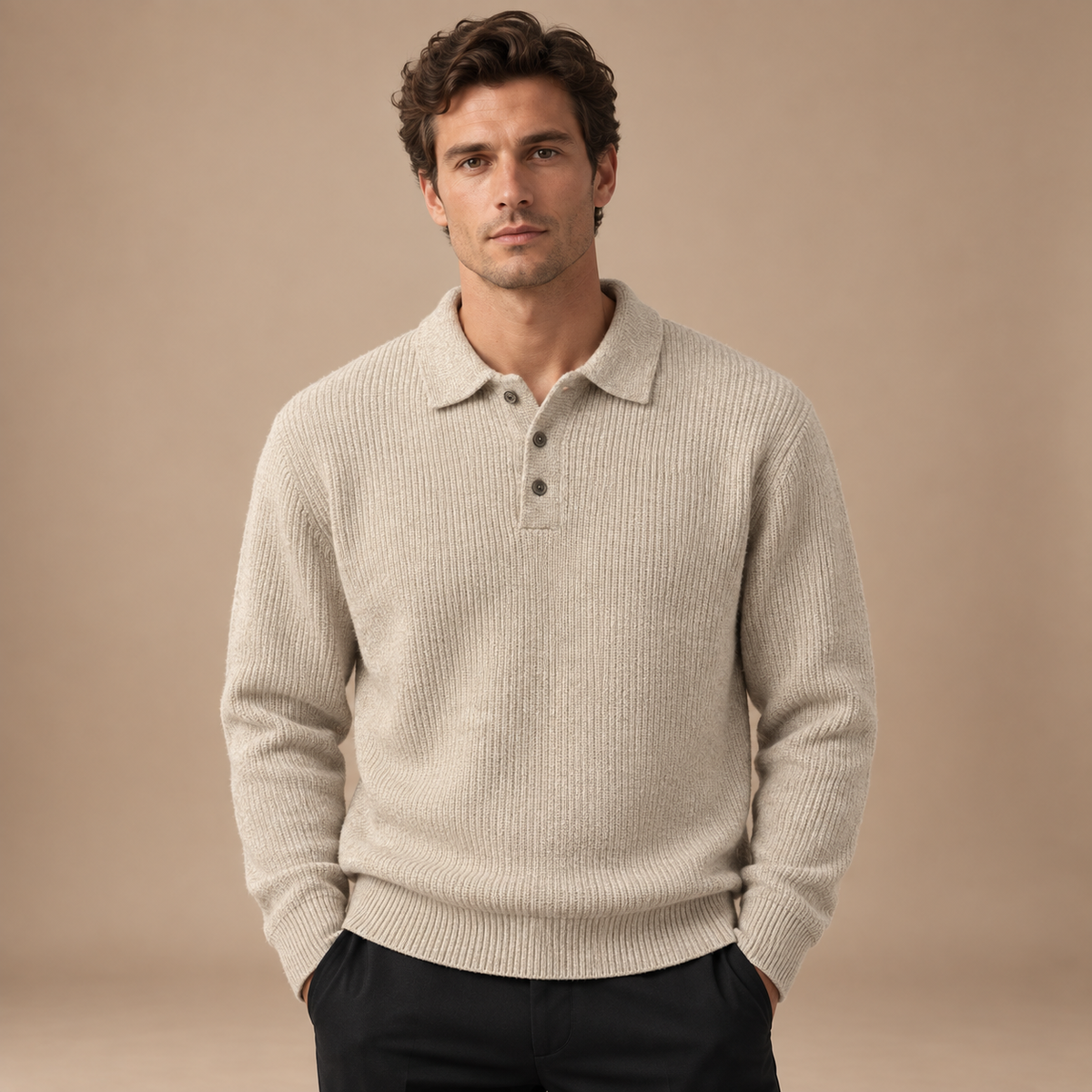 Gebreide polo trui heren beige vooraanzicht studio