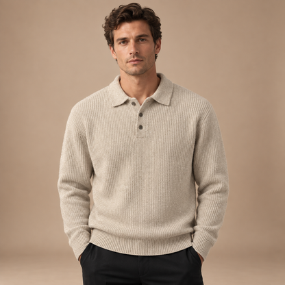 Gebreide polo trui heren beige vooraanzicht studio
