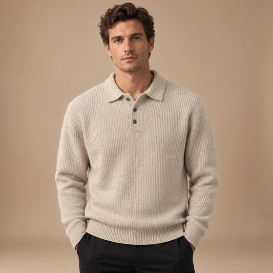 Gebreide polo trui heren beige vooraanzicht studio