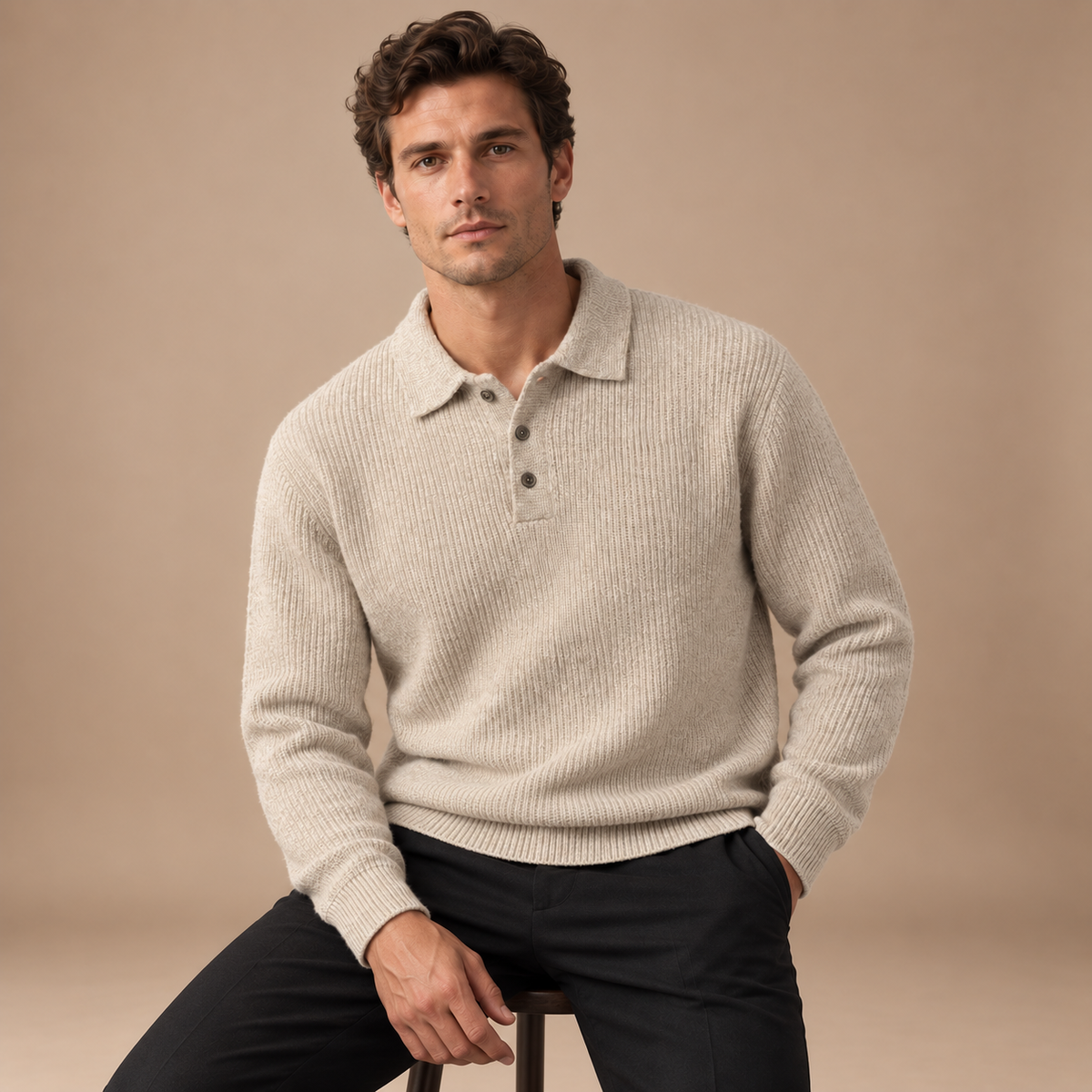 Gebreide polo trui heren beige zittende studiopose