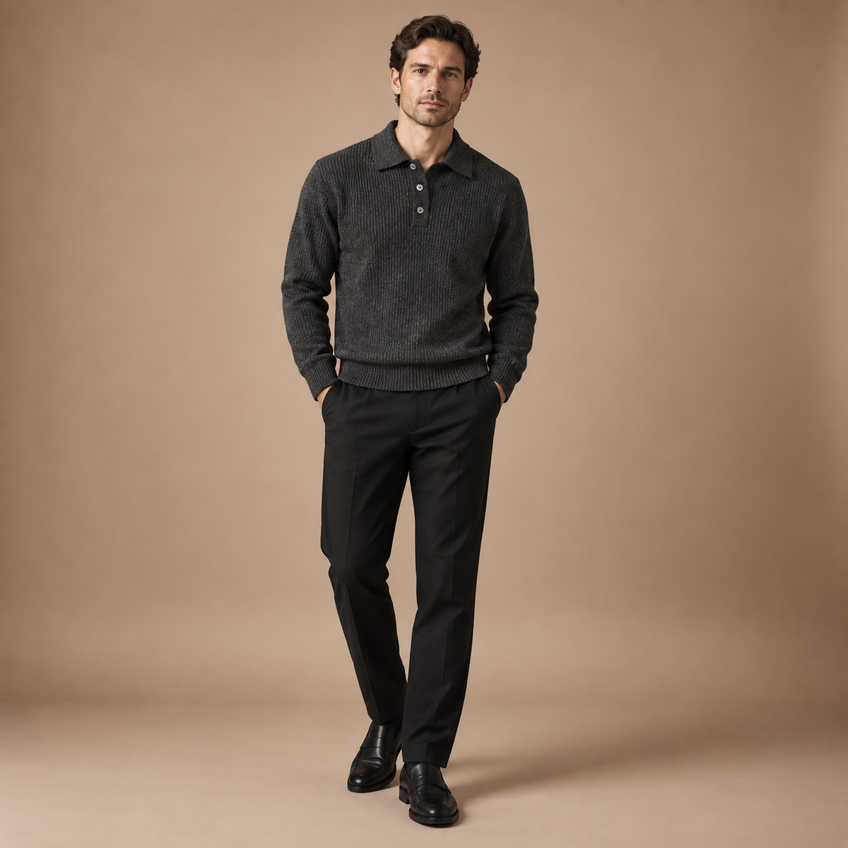 Gebreide polo trui heren donkergrijs volledige outfit studio
