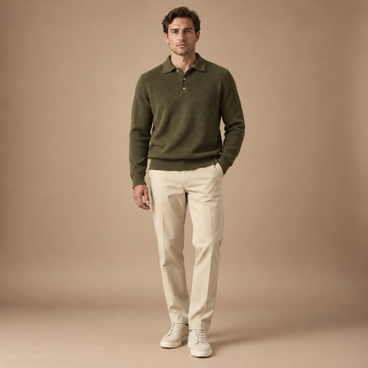 Gebreide polo trui heren olijfgroen volledige outfit studio