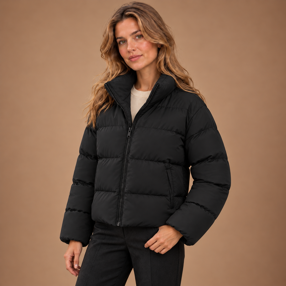 Zwarte korte puffer jas dames – driekwartaanzicht