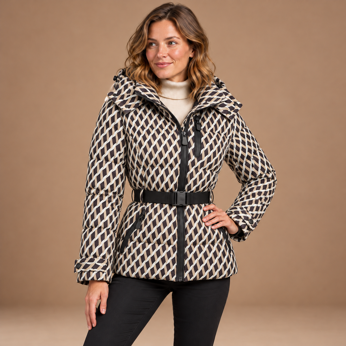 Puffer Jas Dames – Korte Winterjas met Riem en Capuchon in gebroken wit – kleurvariant