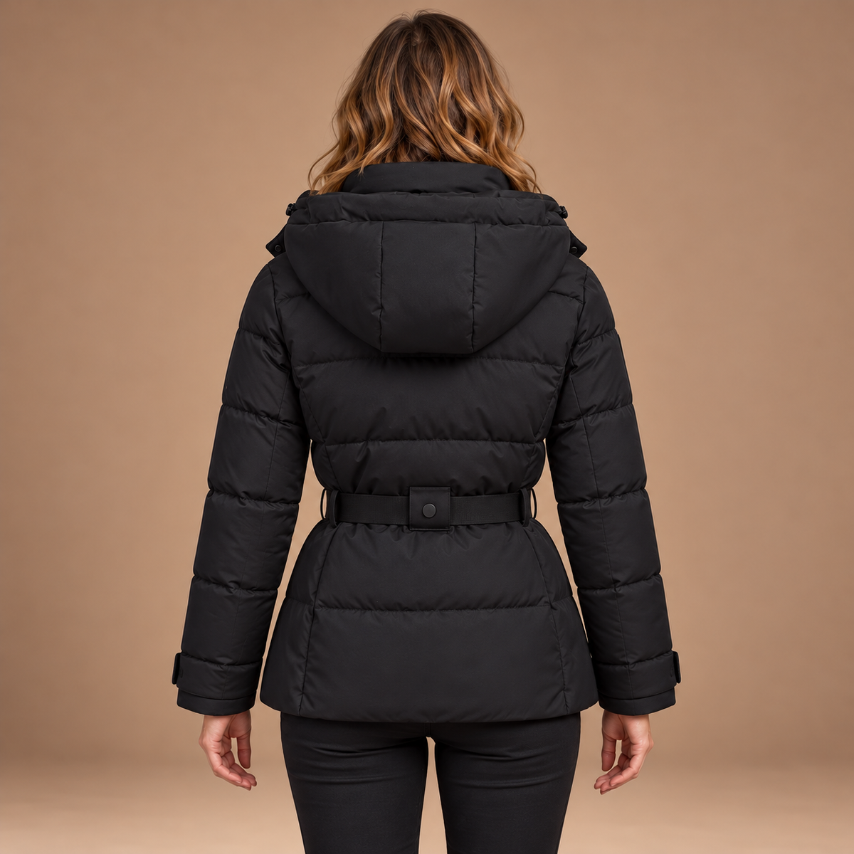 Puffer Jas Dames – Korte Winterjas met Riem en Capuchon in zwart – achteraanzicht