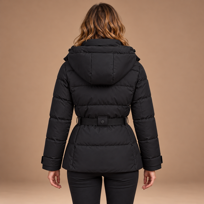 Puffer Jas Dames – Korte Winterjas met Riem en Capuchon in zwart – achteraanzicht