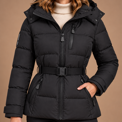 Puffer Jas Dames – Korte Winterjas met Riem en Capuchon in zwart – detail