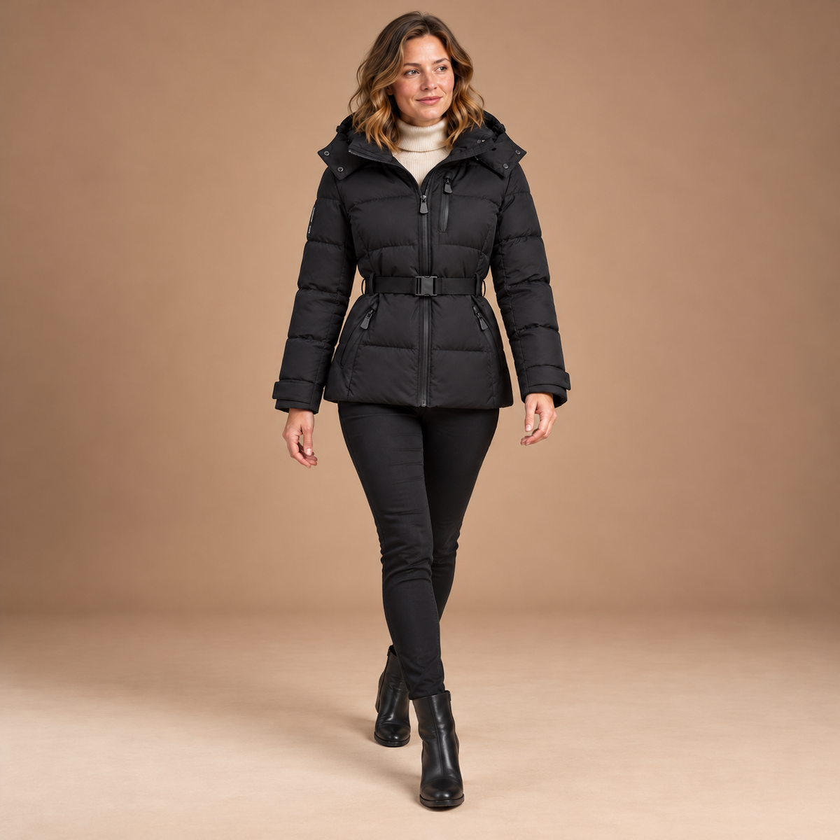Puffer Jas Dames – Korte Winterjas met Riem en Capuchon in zwart – hele-outfit