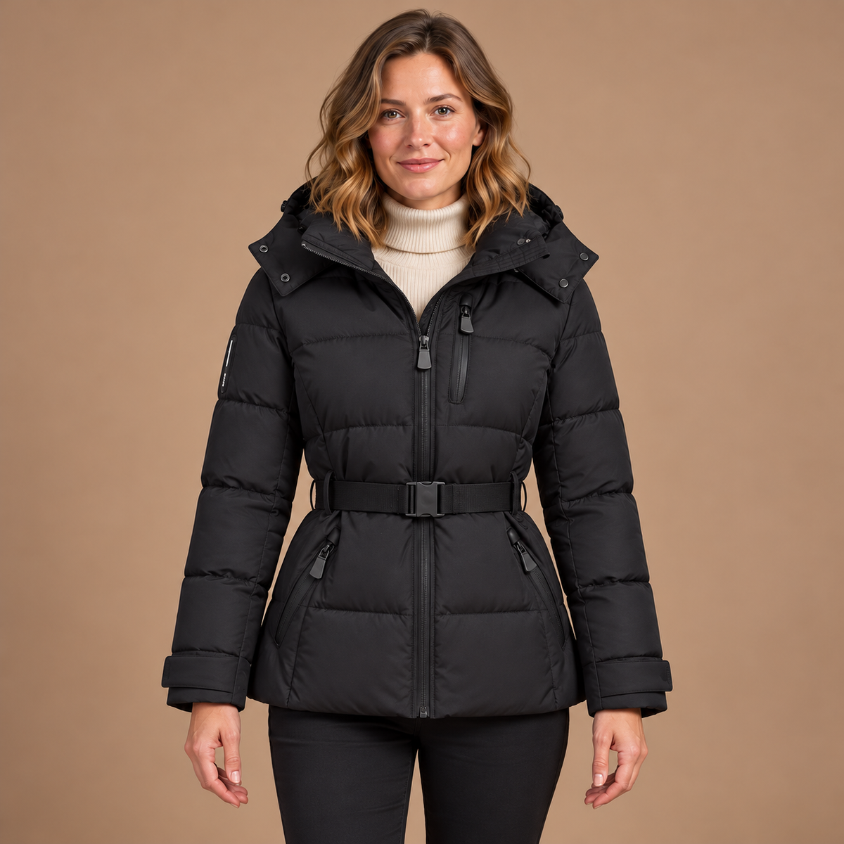Puffer Jas Dames – Korte Winterjas met Riem en Capuchon in zwart – vooraanzicht