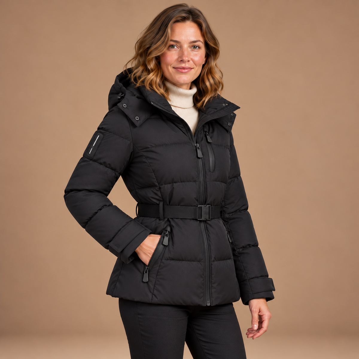 Puffer Jas Dames – Korte Winterjas met Riem en Capuchon in zwart – zijaanzicht