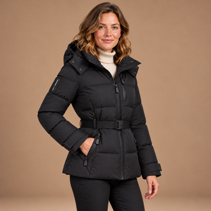 Puffer Jas Dames – Korte Winterjas met Riem en Capuchon in zwart – zijaanzicht