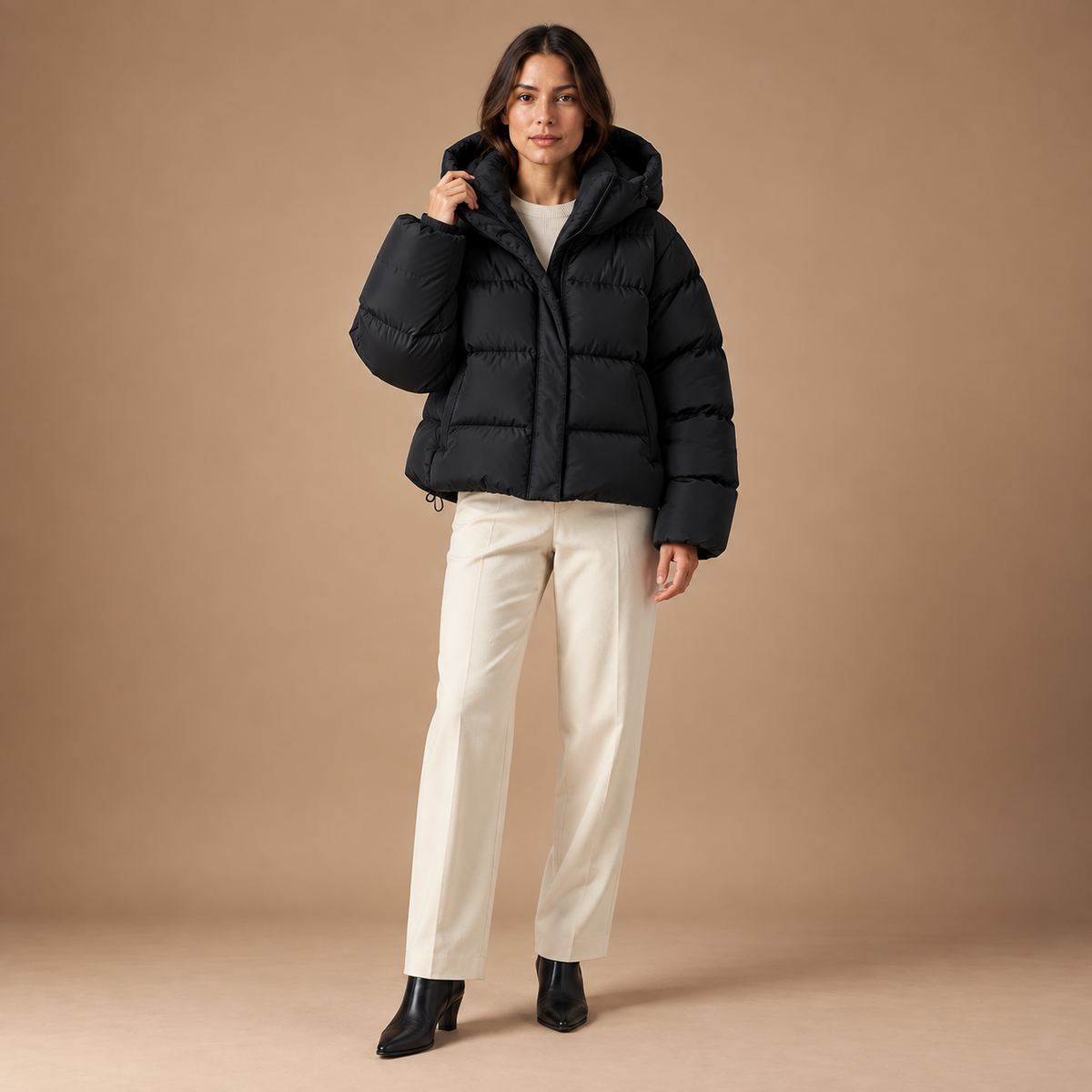 Pufferjas dames zwart – volledige outfit, vooraanzicht