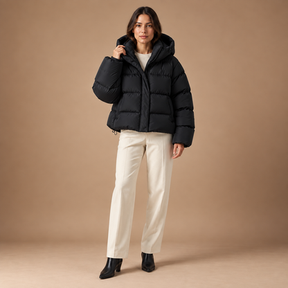Pufferjas dames zwart – volledige outfit, vooraanzicht
