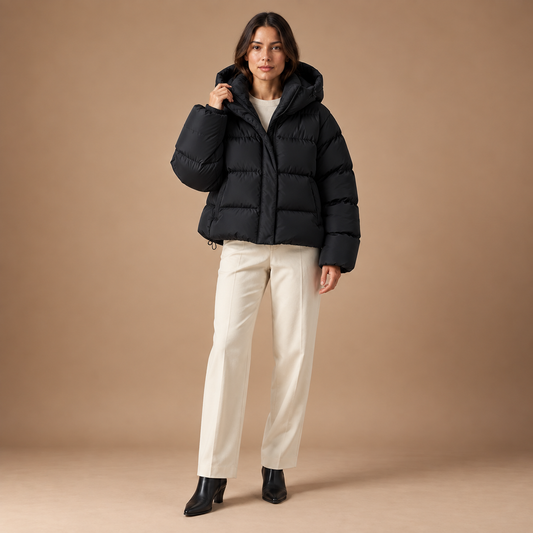 Pufferjas dames zwart – volledige outfit, vooraanzicht