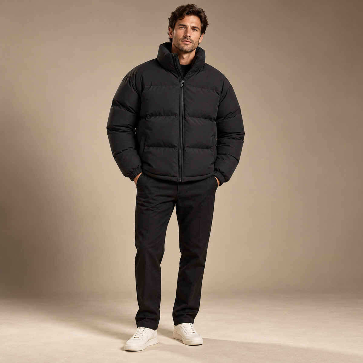 Pufferjas heren zwart gewatteerd volledige outfit studio