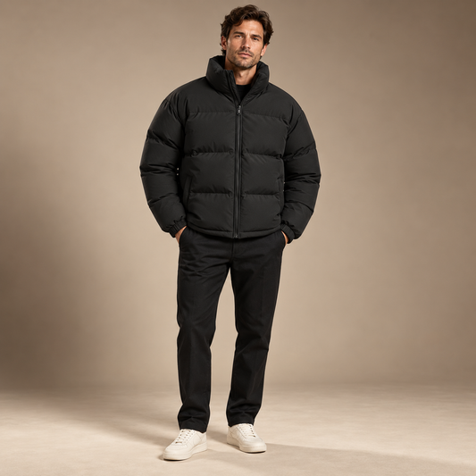 Pufferjas heren zwart gewatteerd volledige outfit studio