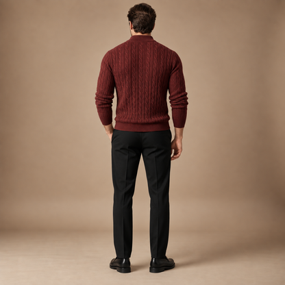 Achteraanzicht quarter zip heren bordeaux kabeltrui