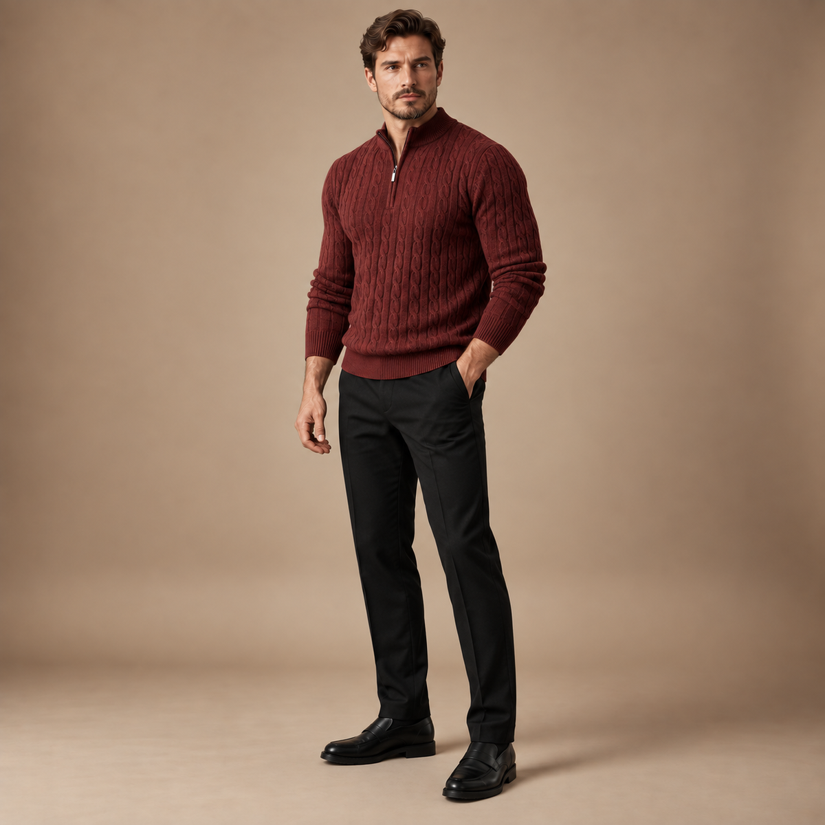 Quarter zip heren bordeaux close-up kraag rits en kabelbreisel