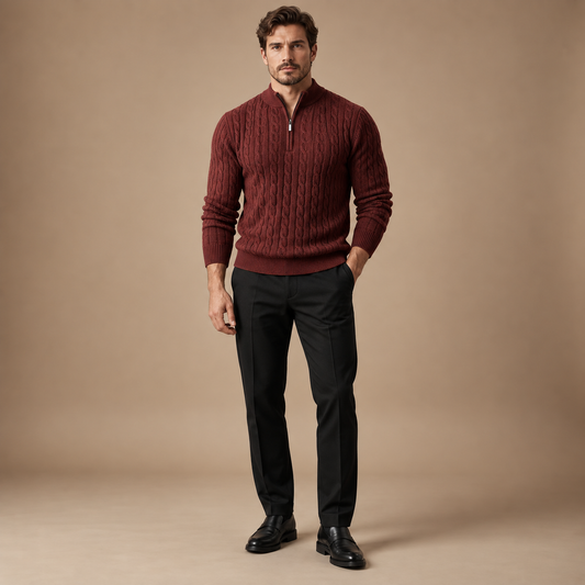Quarter zip heren bordeaux kabeltrui volledige outfit studio