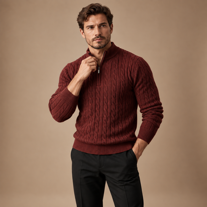 Quarter zip heren bordeaux kabeltrui vooraanzicht studio