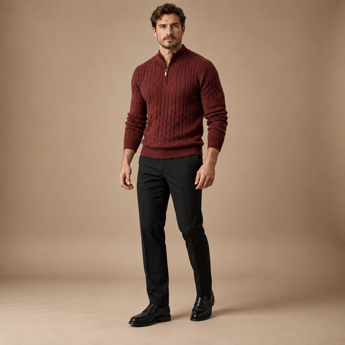 Quarter zip heren bordeaux kabeltrui studio pose