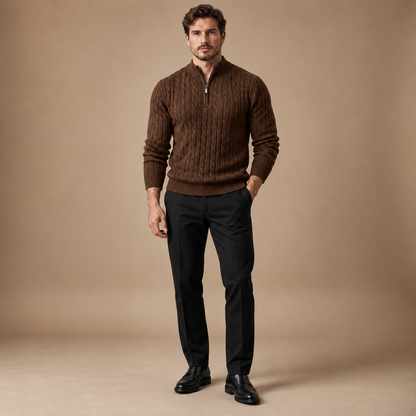 Quarter zip heren bruin kabeltrui volledige outfit studio